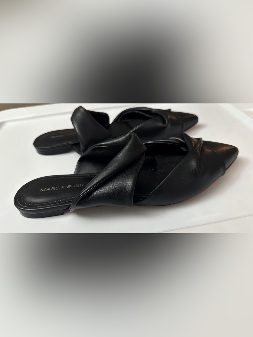 Marc Fisher Black Twisted Leather Pointed-Toe Mules Chic Preppy Minimalist - Picture 3 of 6